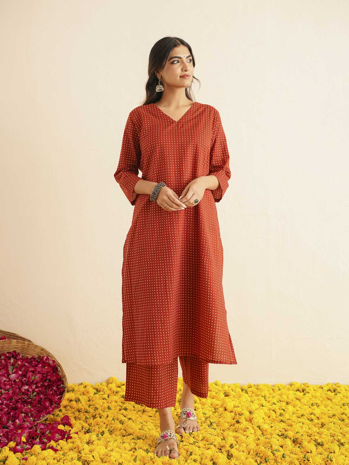 Cotton Printed V-Neck Style Set For Women Red