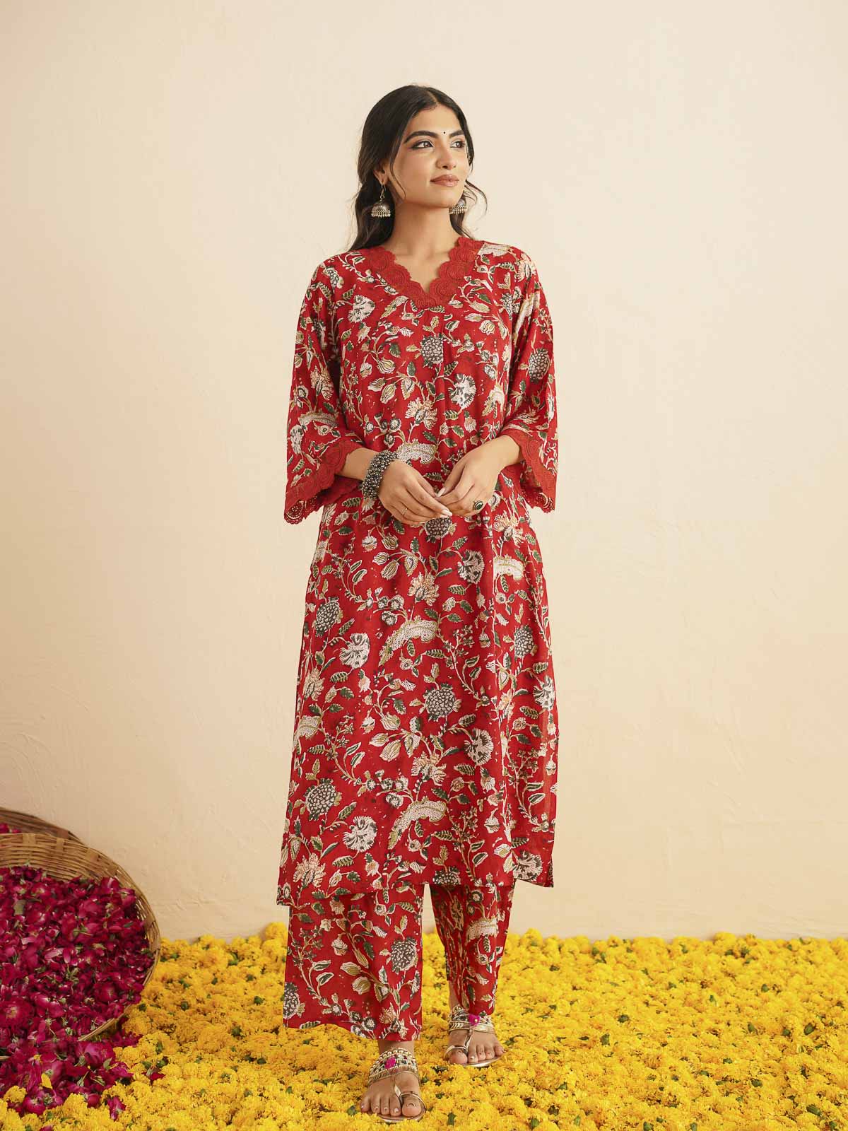 Block Printed Cotton Kurta Pant Bagiya Set Red Jaal