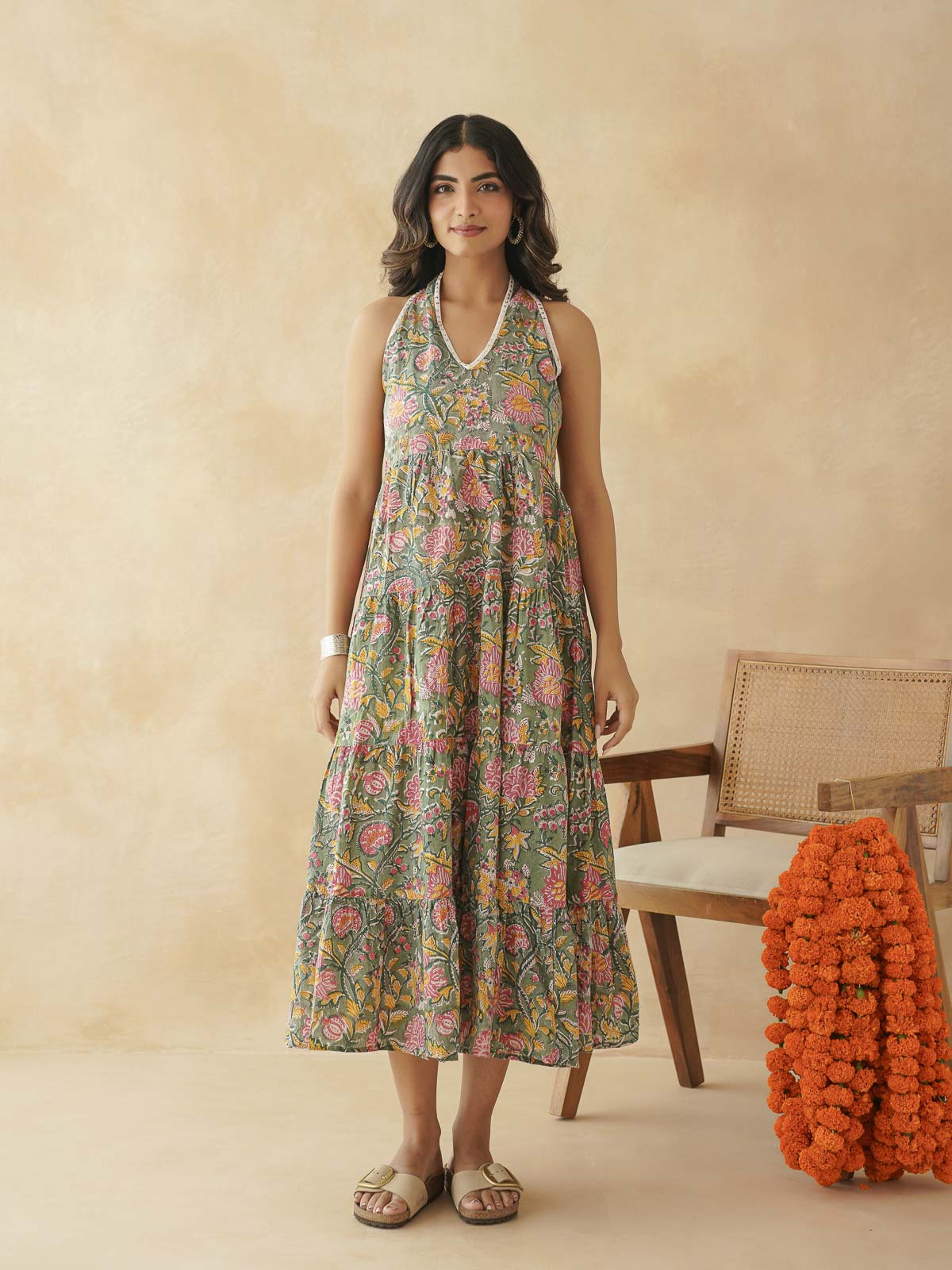 Tiered Halter Neck Dress Green Jaal