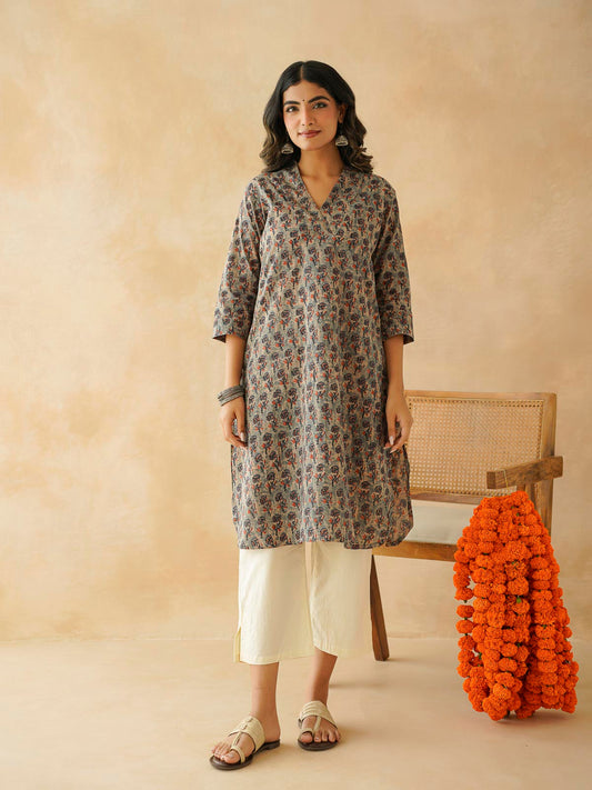 Cotton Printed Straight Kurta Indigo Flawer