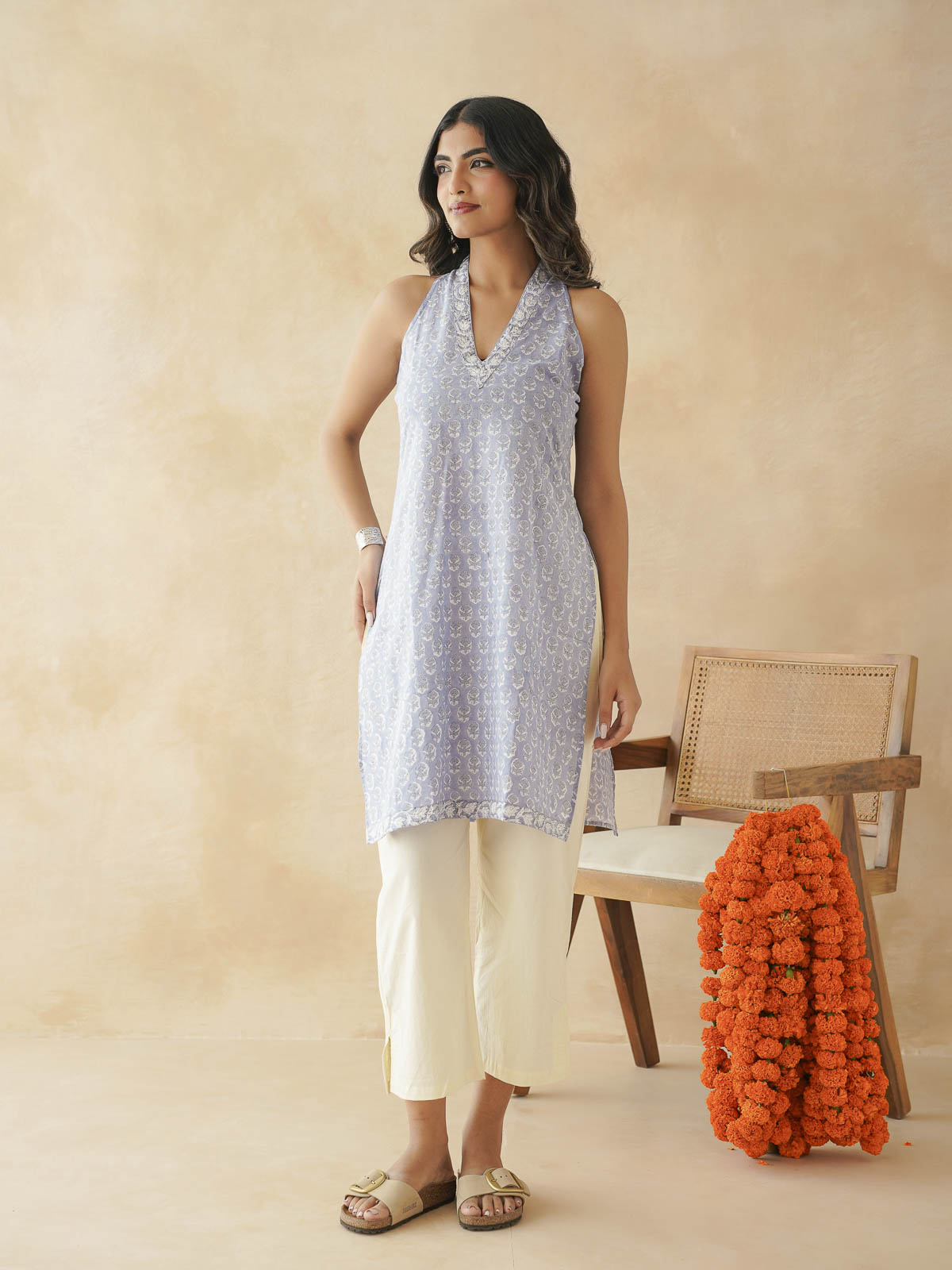 Sleeveless Cotton Halter Neck Kurti Lavander Booty