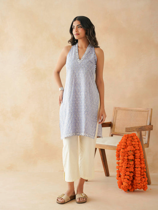 Sleeveless Cotton Halter Neck Kurti Lavander Booty