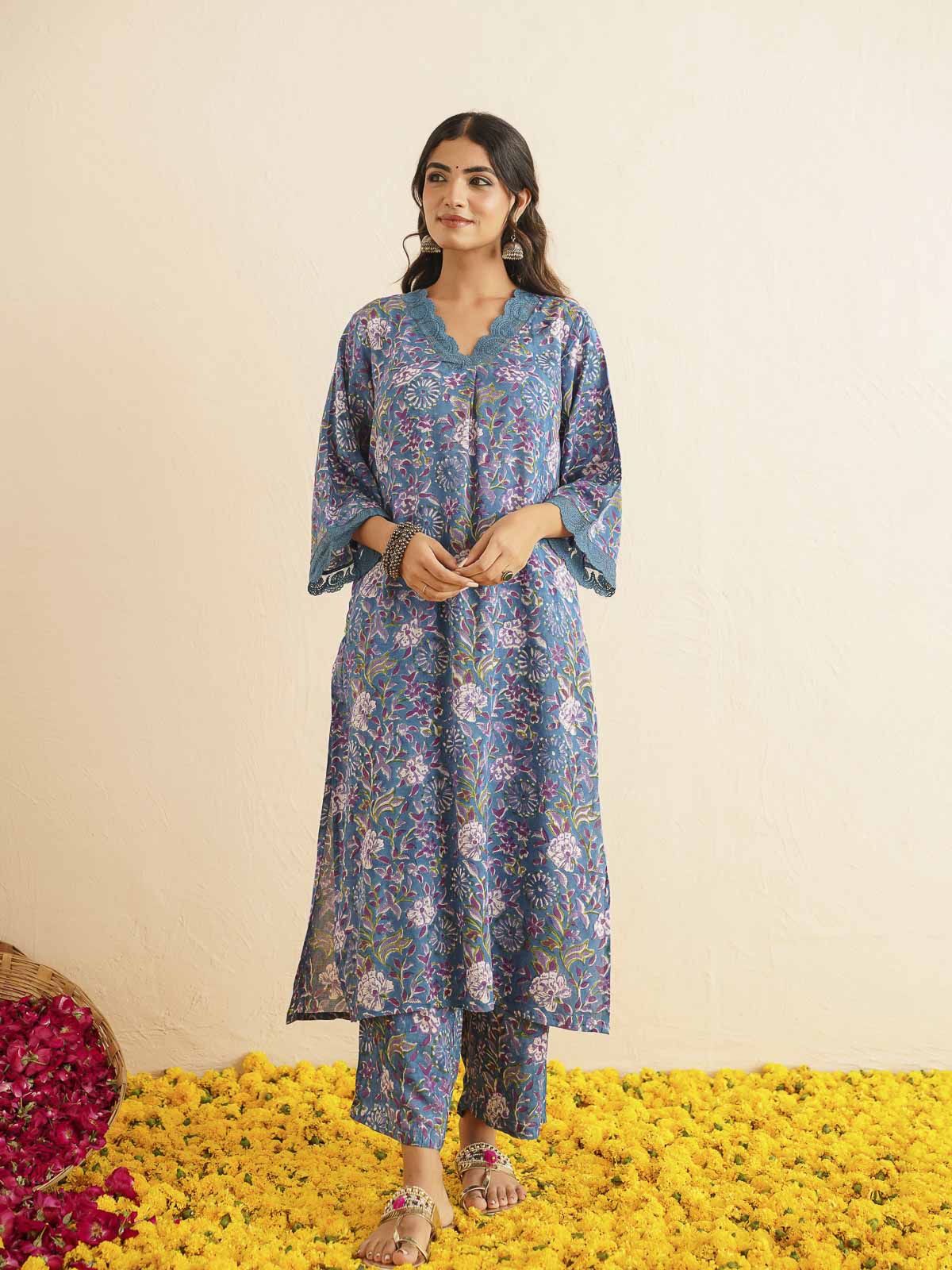 Block Printed Cotton Kurta Pant Bagiya Set Blue Purple