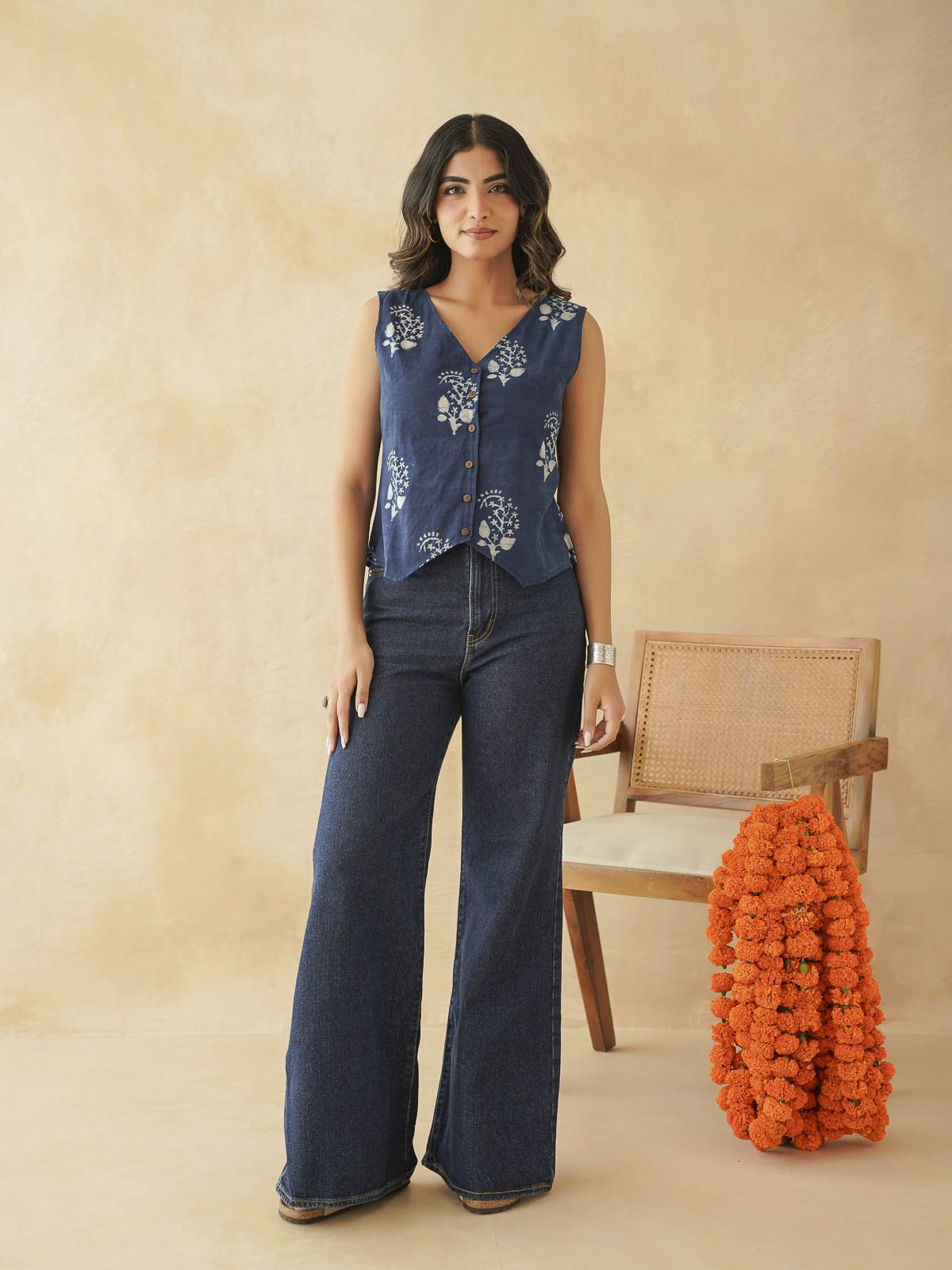Sleeveless Cotton Block Printed Kothi Top Indigo Boota