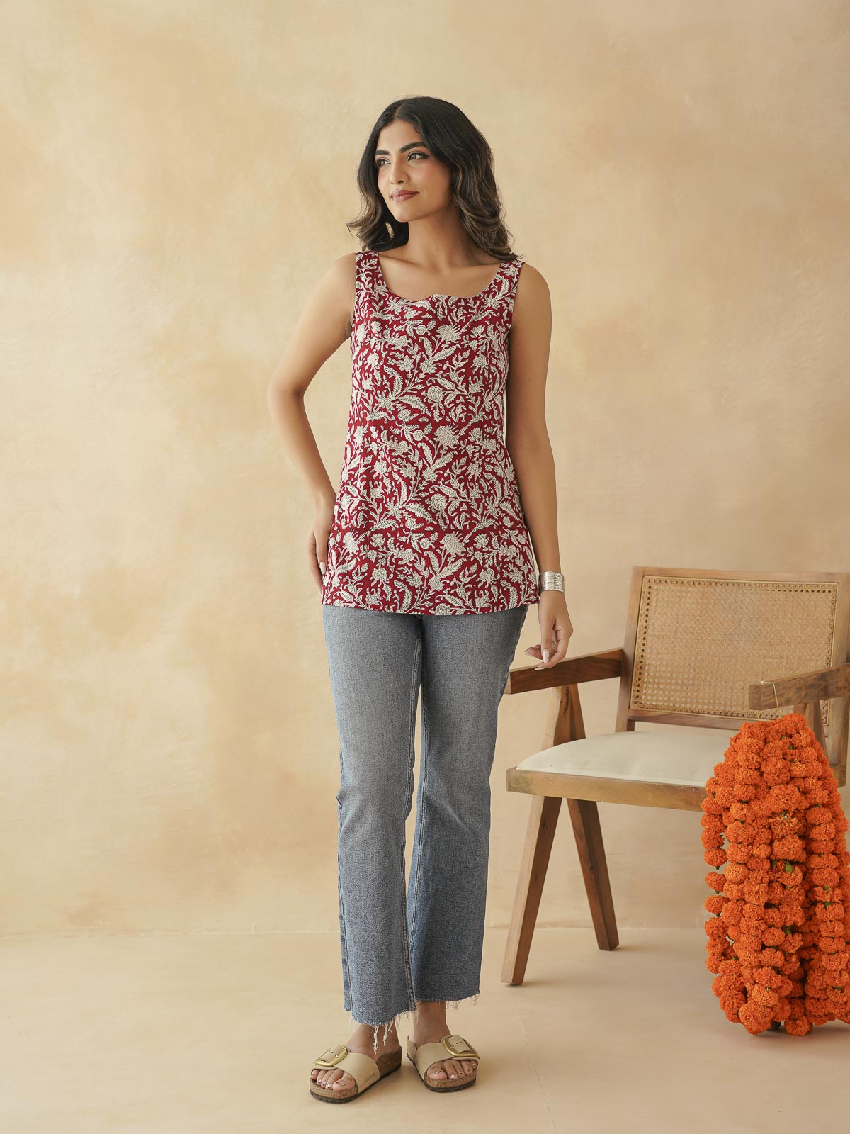 Cotton Printed Stylish Backless Tie-Up Kurti Red