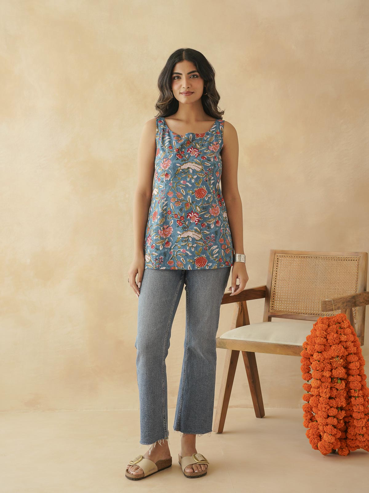 Cotton Printed Stylish Backless Tie-Up Kurti Blue Jaal