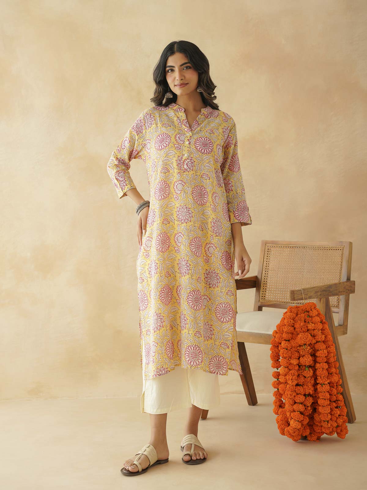 Cotton Printed Collar Neck Long Kurti For Women Yellow