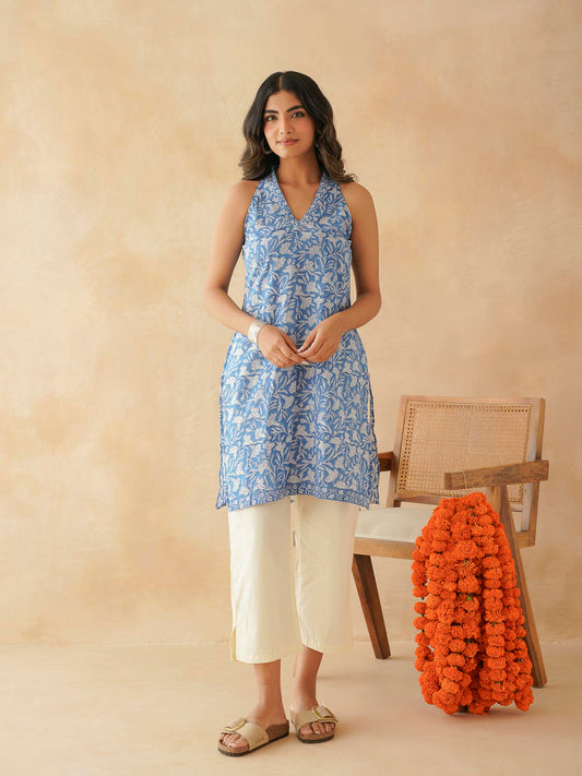 Sleeveless Cotton Halter Neck Kurti Blue