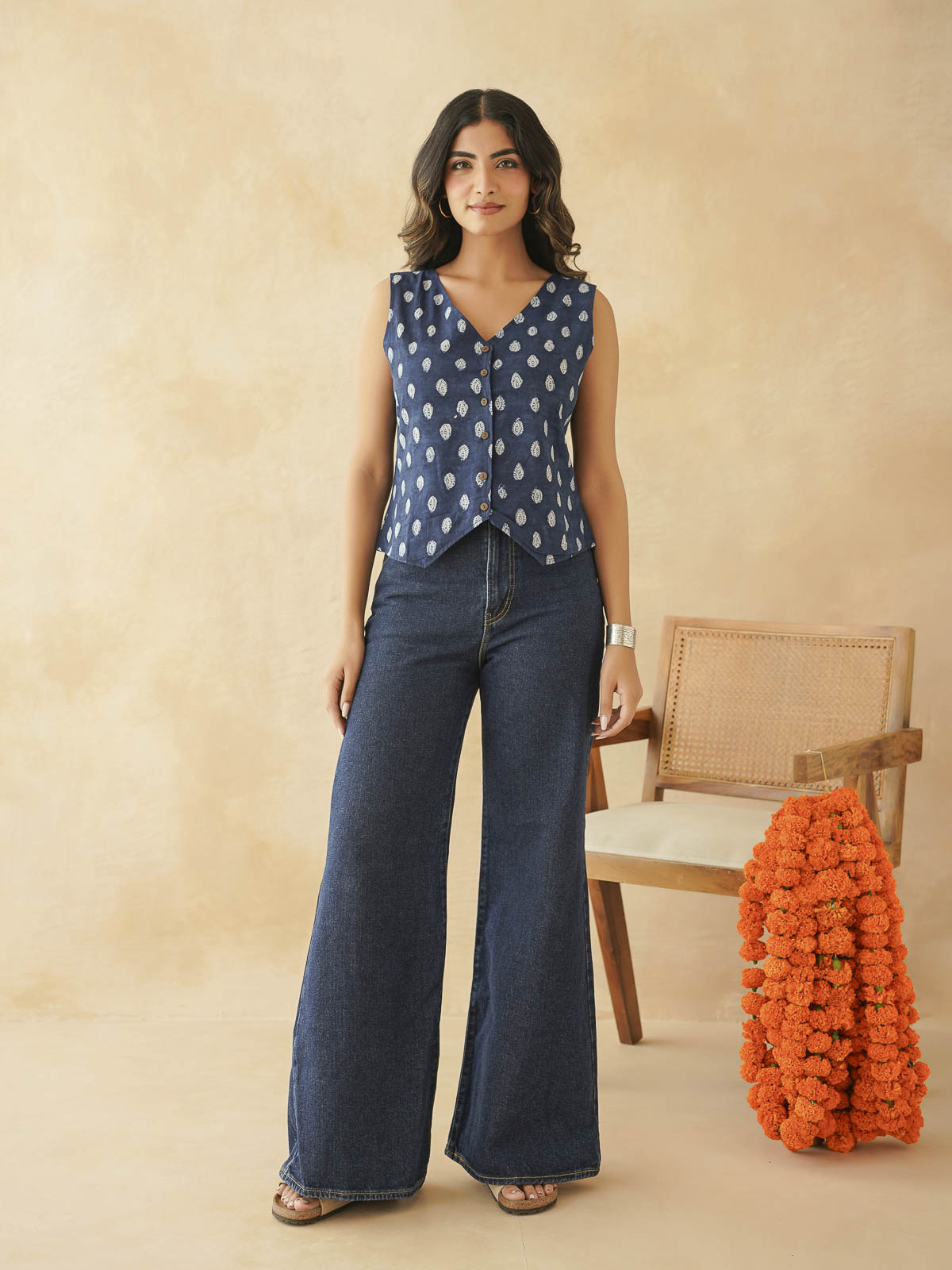 Sleeveless Cotton Block Printed Kothi Top Indigo Booty
