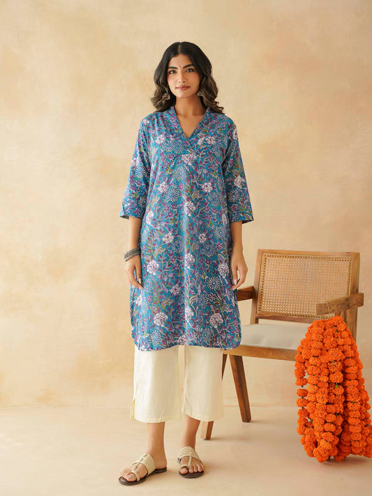 Cotton Printed Straight Kurta Blue Velvet