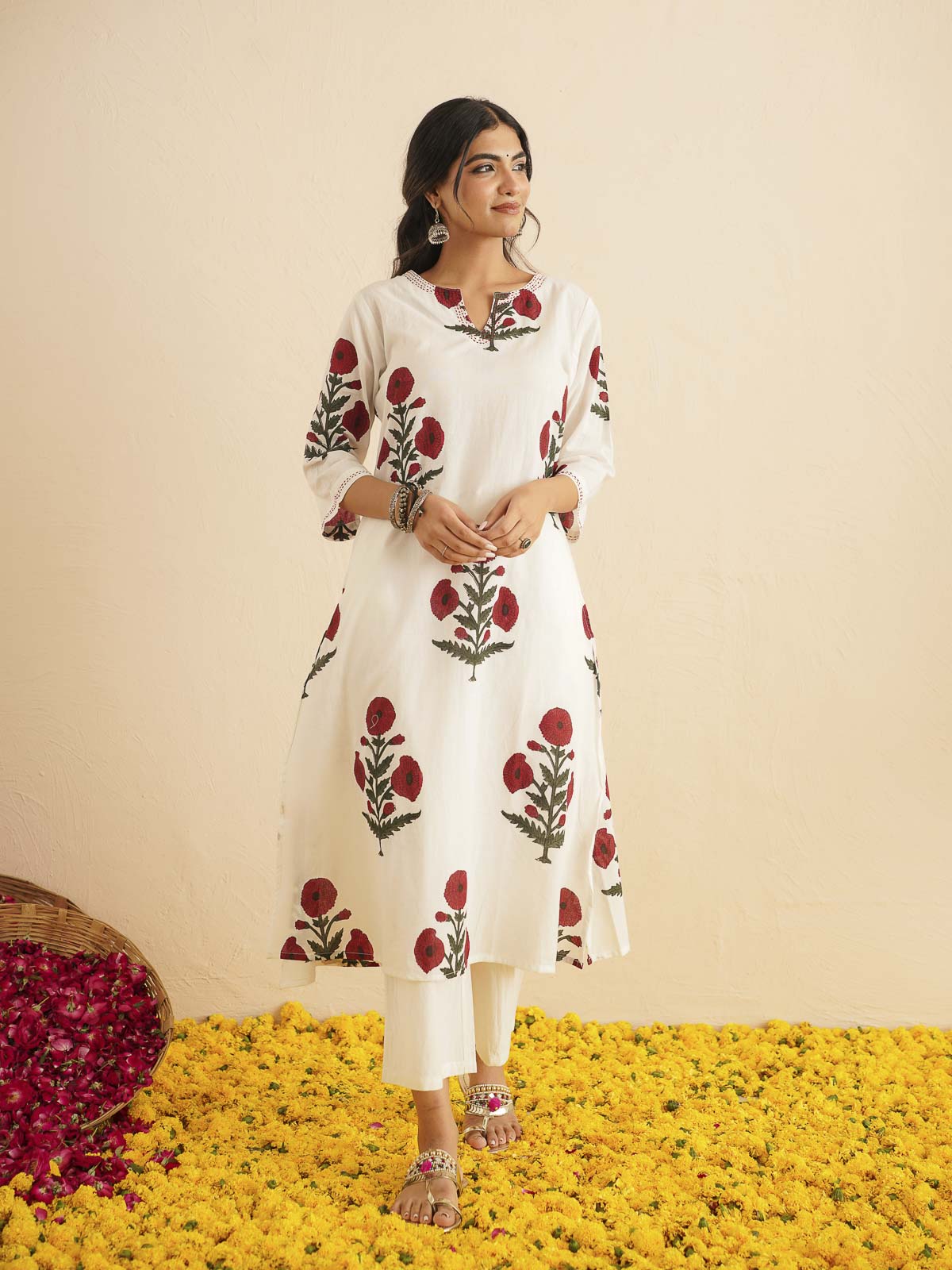 Cotton Printed Kantha Style Set For Women White