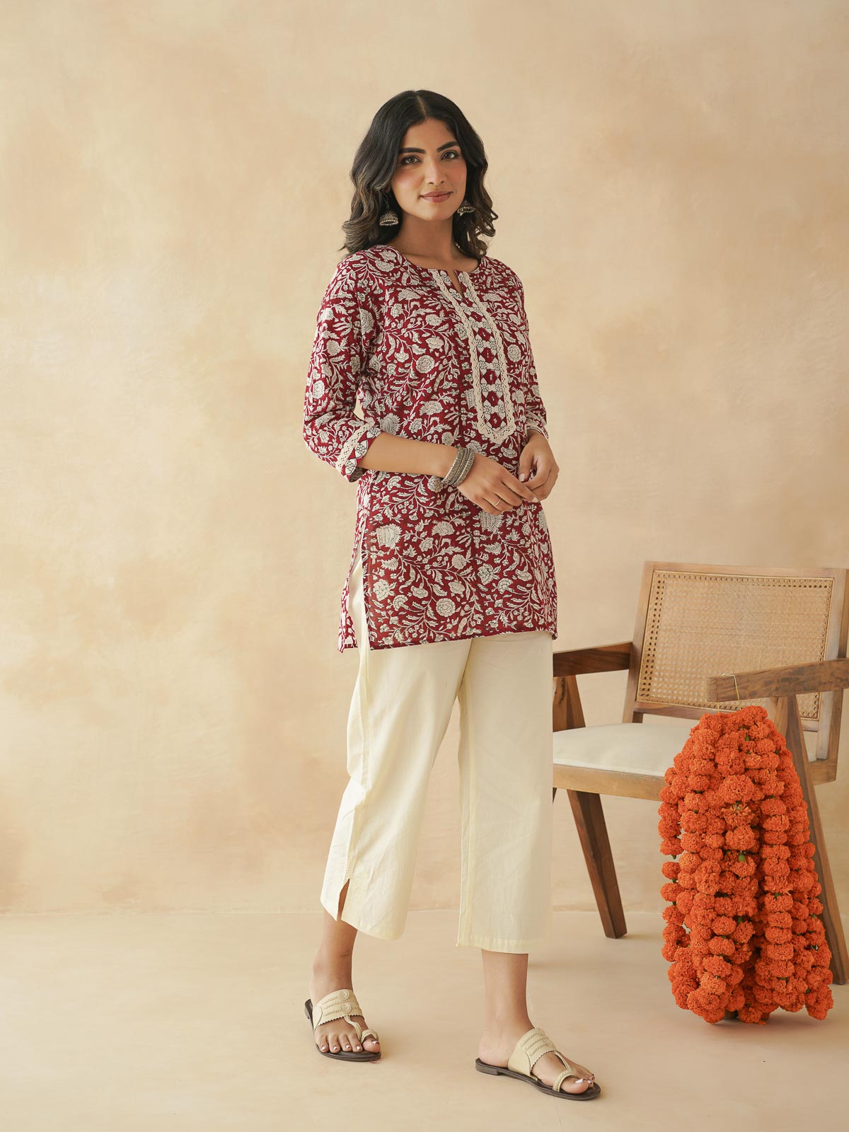 Block-Printed Cotton Zoya Kurti Red Jaal