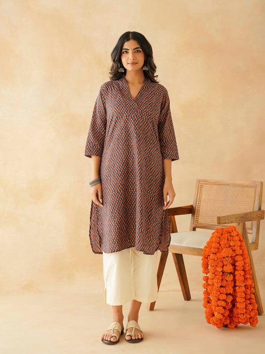 Cotton Printed Straight Kurta Blue Orange