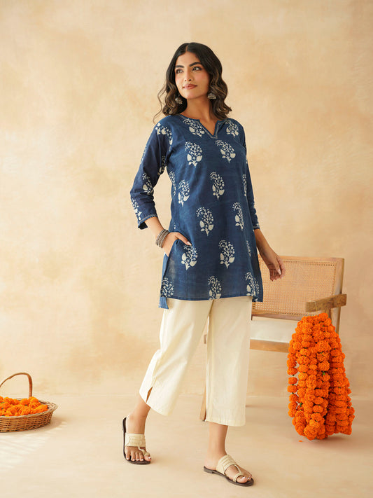 Cotton Printed Kantha Kurta Indigo