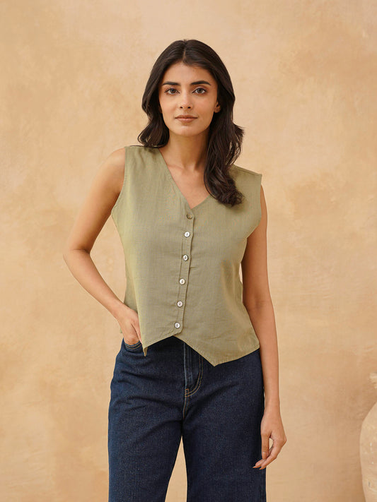 Classic Linen Vest For Women Green