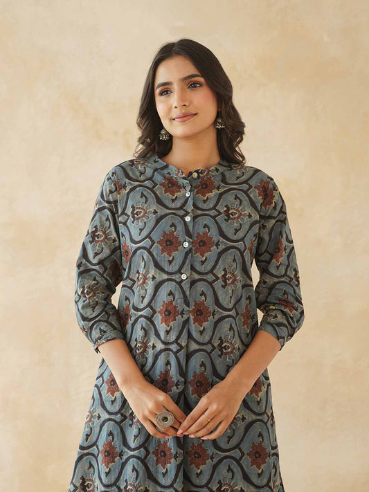 Women Ethnic Motifs Printed Cotton Pleat Set Grey