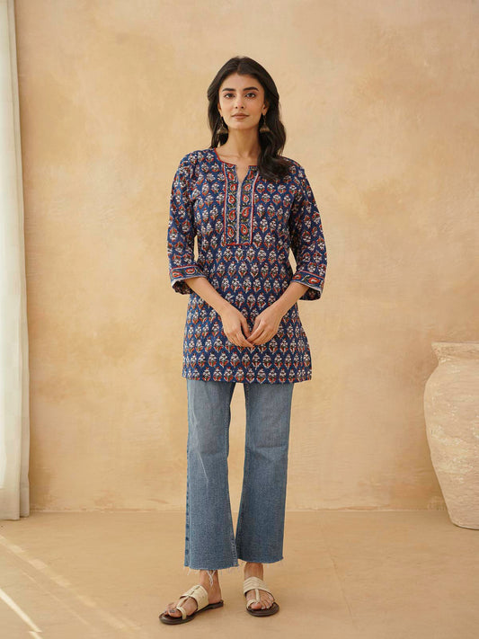 Cotton Printed Sequin Short Kurti For Women Blue