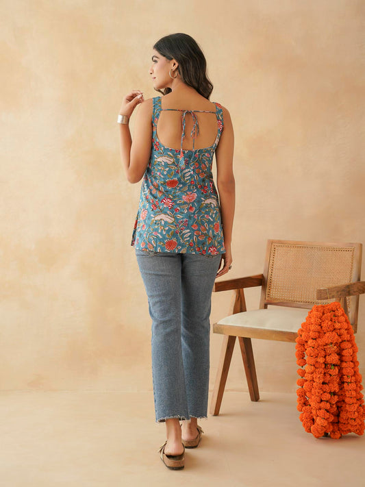 Cotton Printed Stylish Backless Tie-Up Kurti Blue Jaal
