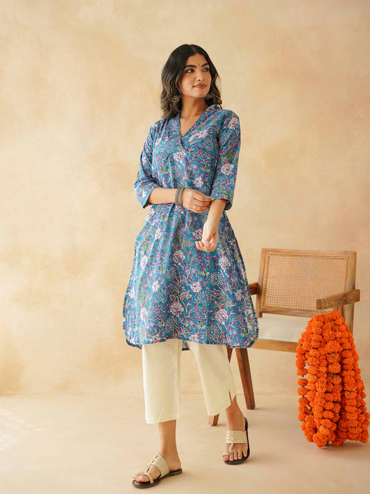 Cotton Printed Straight Kurta Blue Velvet