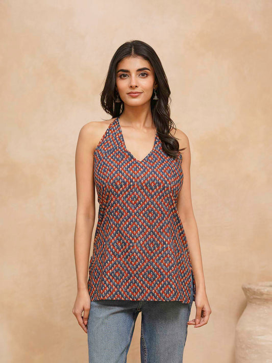 Cotton Printed Stylish Halter Tie-Up Kurti Bandhej