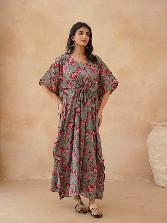Block-Printed Cotton Long Kaftan Grey