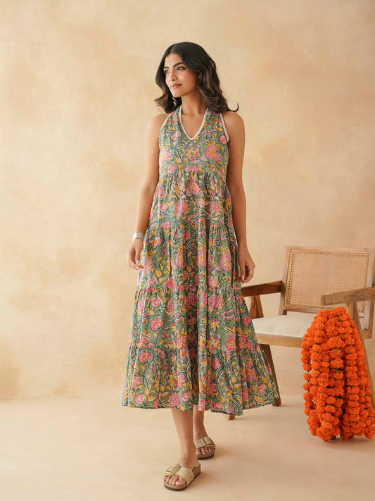 Tiered Halter Neck Dress Green Jaal