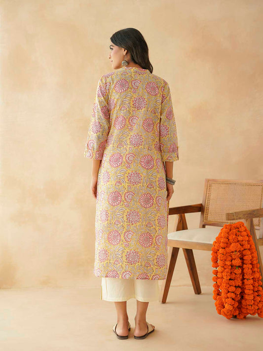 Cotton Printed Collar Neck Long Kurti For Women Yellow