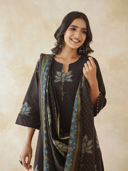 Cotton Printed Aline Geet Kurta Set For Women Brown