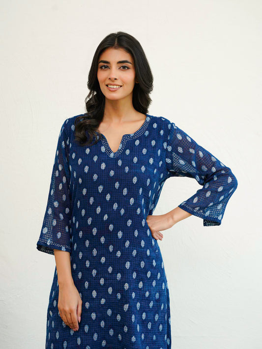 Cotton Printed Kantha Style Set For Women Indigo Eye