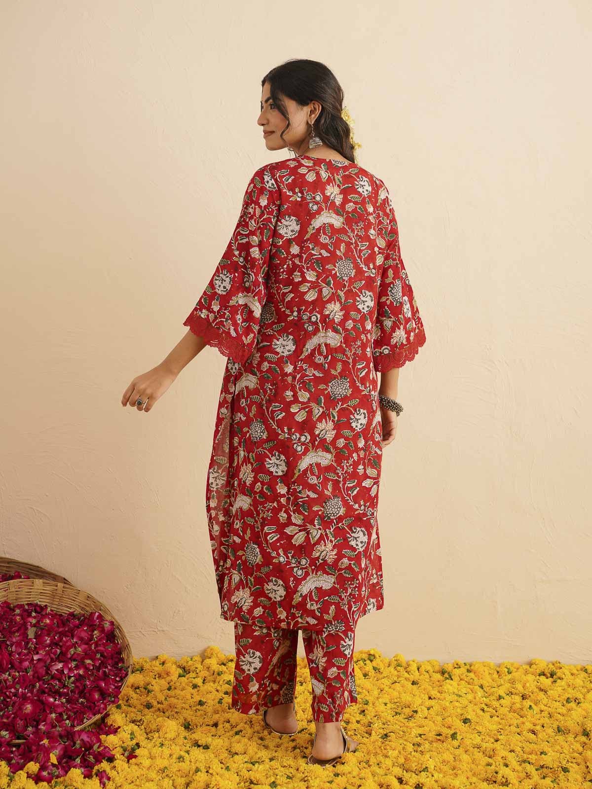 Block Printed Cotton Kurta Pant Bagiya Set Red Jaal