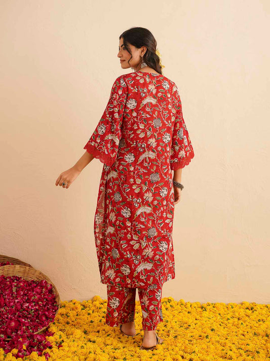 Block Printed Cotton Kurta Pant Bagiya Set Red Jaal