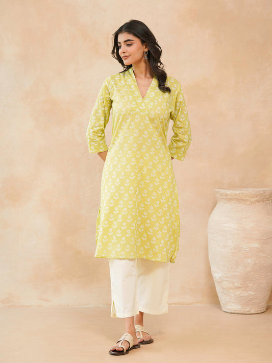 Cotton Printed Straight Kurta Yellow