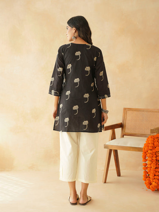 Cotton Printed Kantha Kurta Black