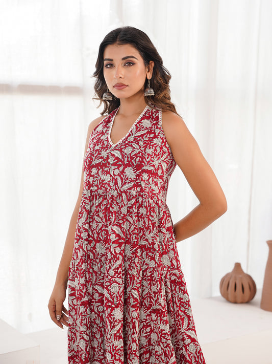Tiered Halter Neck Dress Red Jaal