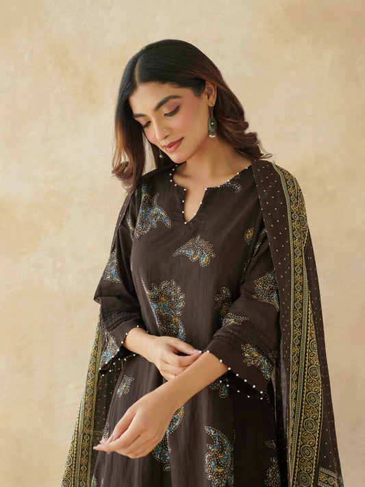 Cotton Printed Aline Geet Kurta Set For Women Choco Brown