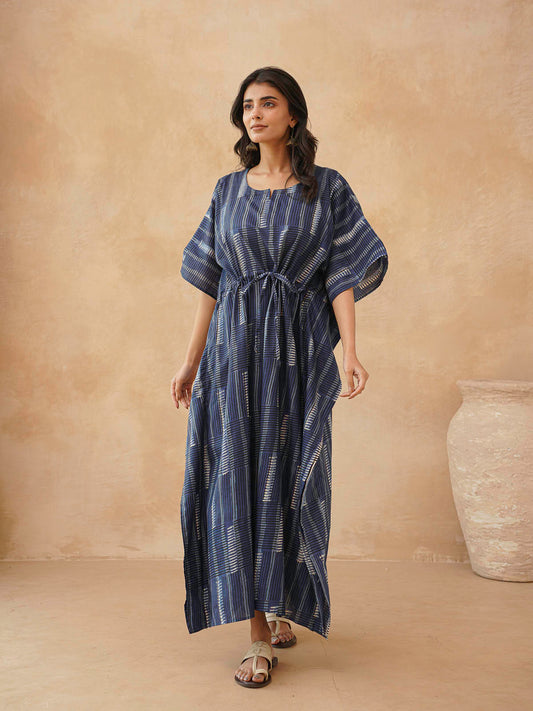 Block-Printed Cotton Long Kaftan Indio Straip