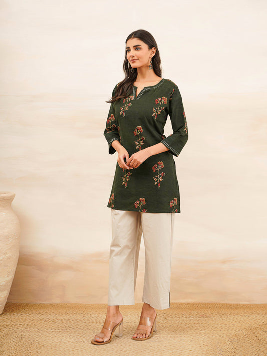 Cotton Printed Kantha Kurta Green Patti