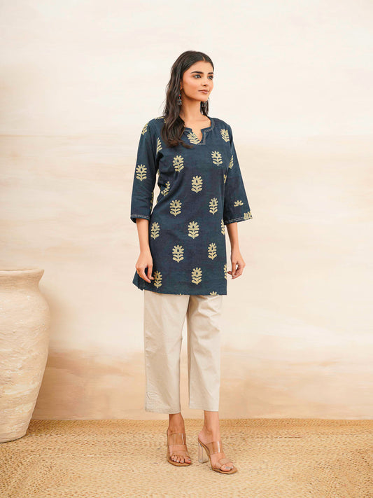 Cotton Printed Kantha Kurta Indigo Butta