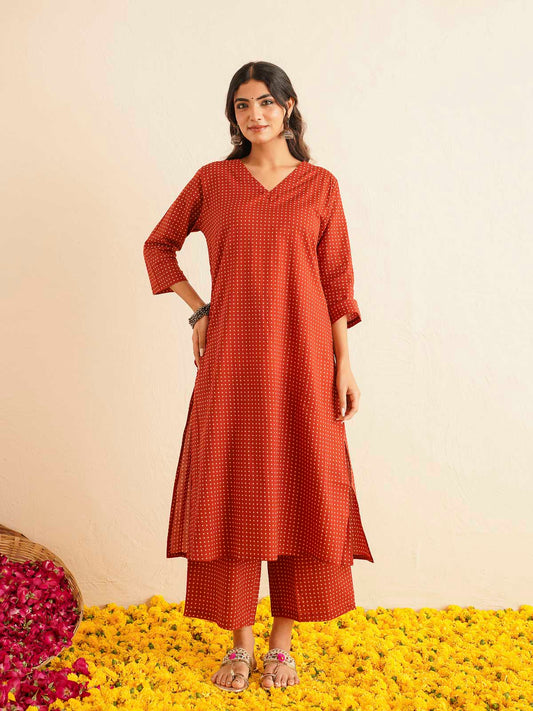 Cotton Printed V-Neck Style Set For Women Red