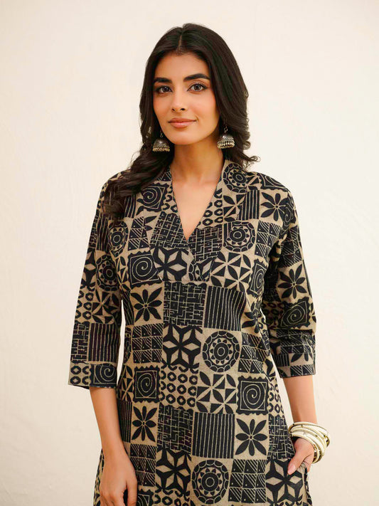 Cotton Printed Straight Kurta Black Coffee