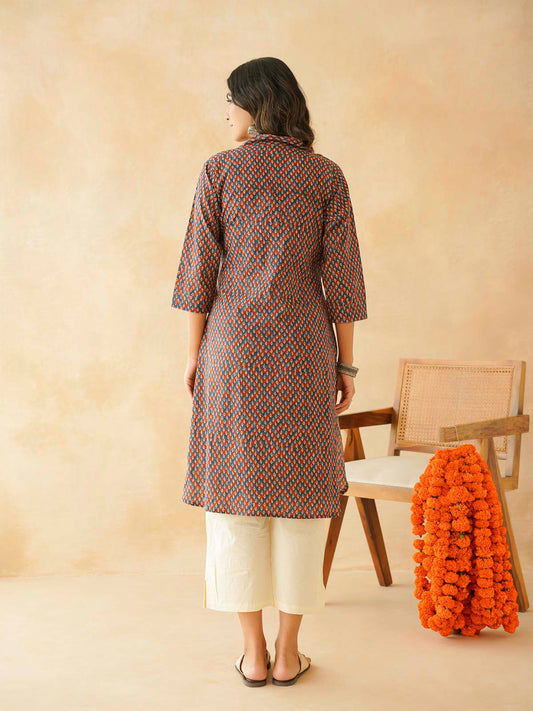 Cotton Printed Straight Kurta Blue Orange