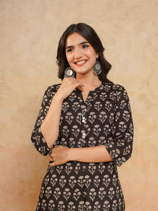 Cotton Pleat Kurta For Women Black