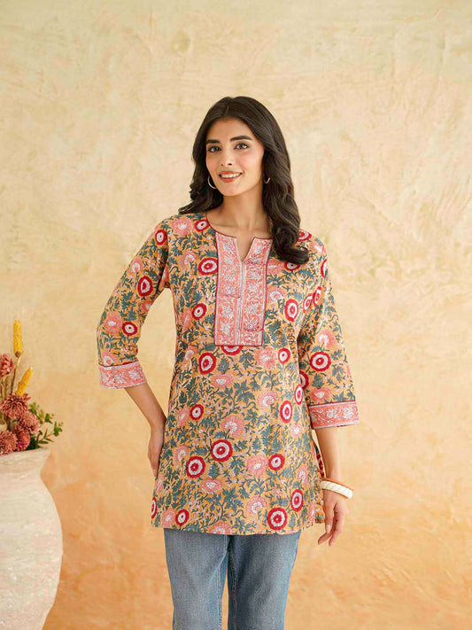 Cotton Printed Sequin Short Kurti For Women Brown
