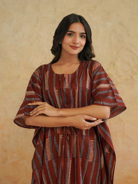 Block-Printed Cotton Long Kaftan Red Starp