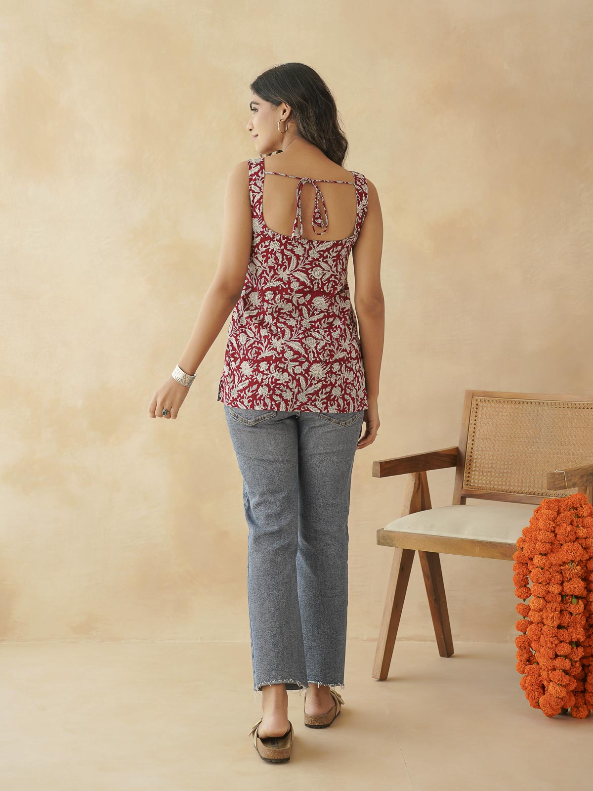 Cotton Printed Stylish Backless Tie-Up Kurti Red