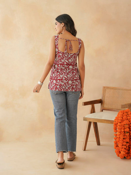 Cotton Printed Stylish Backless Tie-Up Kurti Red