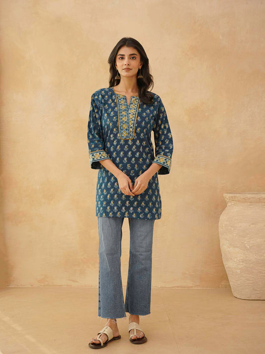 Cotton Printed Sequin Short Kurti For Women Indigo