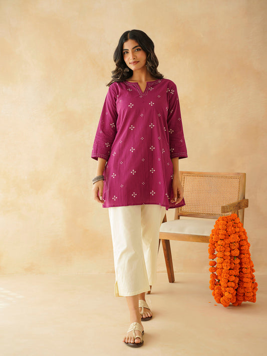 Cotton Printed Kantha Kurta Purple