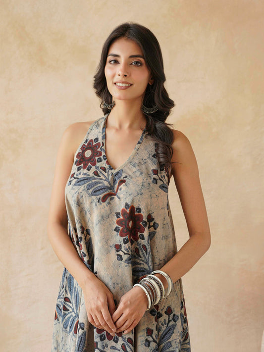 Cotton Printed Aline Moana Dress Beige