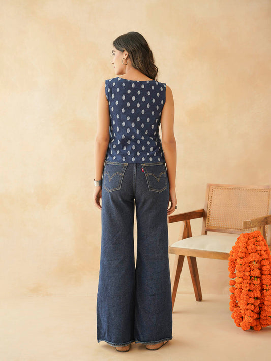 Sleeveless Cotton Block Printed Kothi Top Indigo Booty